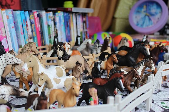 Kleidung, Spielzeug, Haushaltsgeräte – das Angebot an den knapp 60 Ständen des Nachbarschafts-Flohmarkts lud die Besuchenden zum Stöbern ein. (Bild: QM Harzer Straße)