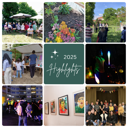 Farbige Bildersammlung mit Gärtnern, Workshops, Feuerkunst und Treffen aus Berlins QM-Gebieten 2025.