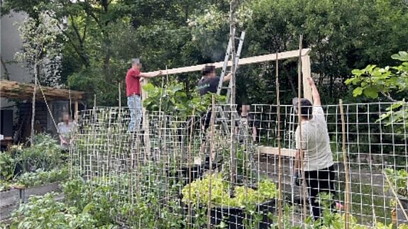 Vier Personen bauen in einem Garten eine Holzkonstruktion, im Vordergrund sind Hochbeete mit Pflanzen und einem Ranknetz zu sehen.
