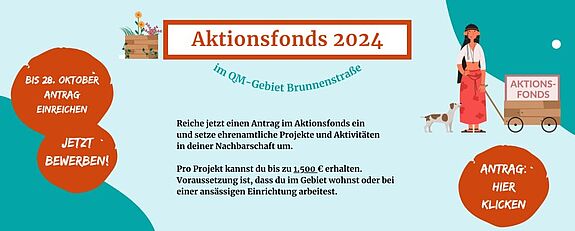 Eine Grafik ruft zur Einreichung von Anträgen für den Aktionsfonds 2024 im QM-Gebiet Brunnenstraße auf.