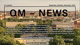 Panoramablick auf den Mehringplatz mit der Überschrift „QM-News“, die über Neuigkeiten des Quartiersmanagements für Herbst 2024 informiert.