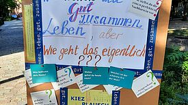 Auf einer Stellwand des Kiezplauschs hängt ein großes Plakat mit der Frage „Wir wollen alle gut zusammenleben, aber wie geht das eigentlich?“; daneben sind Karten mit Gesprächsfragen angeheftet.