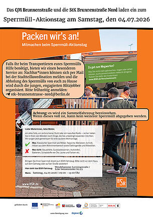Plakat zum Sperrmüll-Aktionstag im QM-Gebiet Brunnenstraße mit Termin, Ort und Hinweisen zur Abgabe.