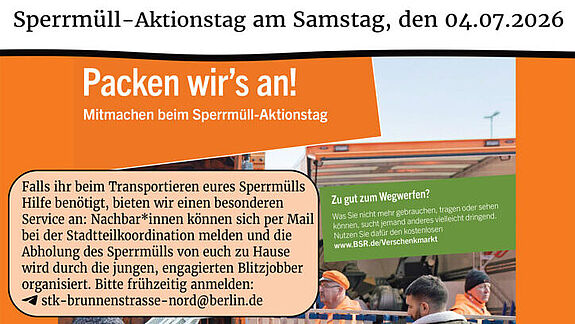 Plakat zum Sperrmüll-Aktionstag im QM-Gebiet Brunnenstraße mit Termin, Ort und Hinweisen zur Abgabe.
