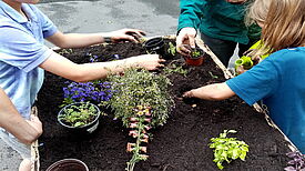 Die jungen Gärtnerinnen und Gärtner überlegen sich vorher genau welche Blumen zusammen in ein Beet gesetzt werden. Bild: QM Wassertorplatz.