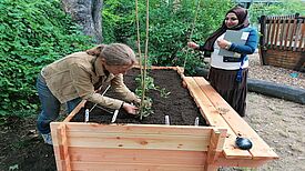 Zwei Frauen arbeiten gemeinsam an einem frisch mit Erde gefüllten Hochbeet; eine pflanzt Gemüsepflanzen, die andere hält eine Mappe, im Hintergrund ist Grün und ein Spielplatz sichtbar.
