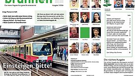 Doppelseite des Kiezmagazins „brunnen“ mit Titelbild, auf dem eine S-Bahn zu sehen ist, und der Seite, auf der das Redaktionsteam der Ausgabe 2/2026 vorgestellt wird.