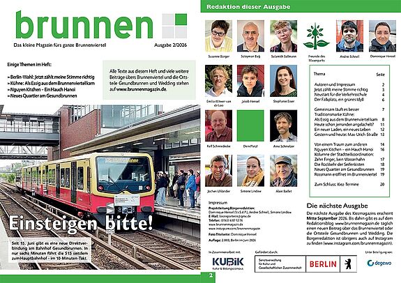 Doppelseite des Kiezmagazins „brunnen“ mit Titelbild, auf dem eine S-Bahn zu sehen ist, und der Seite, auf der das Redaktionsteam der Ausgabe 2/2026 vorgestellt wird.