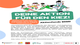 Ein Plakat mit der Überschrift „Deine Aktion für den Kiez!“ wirbt für den Aktionsfonds 2025 und bis zu 1.500 Euro Unterstützung.