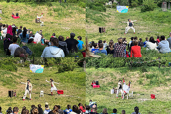 Durch den Hang im Oberlandpark hatte das Publikum einen guten Blick auf die Schauspielenden Silvia Sassetti und Lorenzo Pennacchietti, die „Mimi und Gaston“ performten. (Bild: QM Germaniagarten)