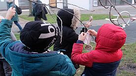 Kinder aus dem Quartier hängen Vogelkuchen in den Bäumen auf. (Foto: Kiezredakteur)