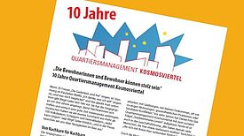Broschüre anlässlich zehn Jahre Quartiersmanagement im Kosmosviertel mit Titelblatt und Foto einer Singgruppe.