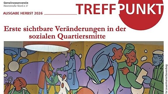 Titelseite der Stadtteilzeitung TREFFPUNKT, Herbst 2026, mit buntem Wandbild und roter Überschrift.