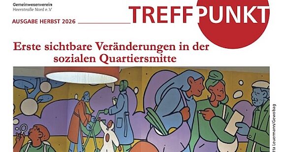 Titelseite der Stadtteilzeitung TREFFPUNKT, Herbst 2026, mit buntem Wandbild und roter Überschrift.