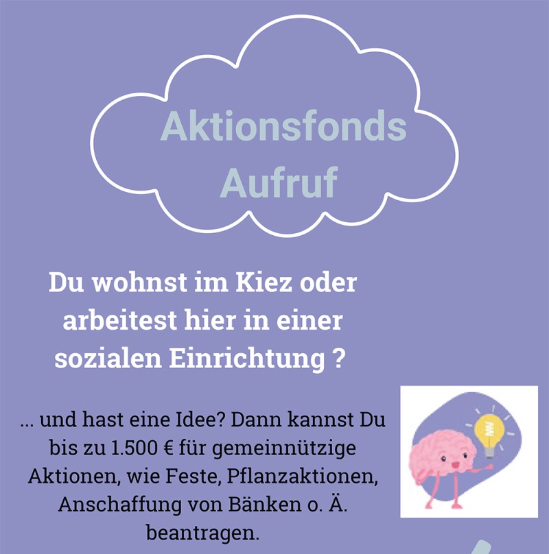 Ein Flyer mit Text zeigt einen Aufruf des QM-Teams Klixstraße/Auguste-Viktoria-Allee zum Aktionsfonds 2026.