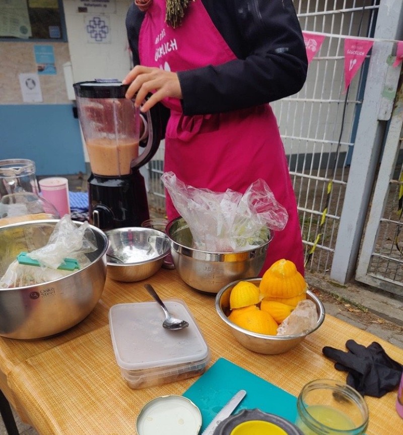 Eine Person mit pinker Schürze steht an einem Tisch im Freien, mixt Obst in einem Mixer; auf dem Tisch liegen ausgepresste Zitronenhälften, Schalen, Behälter und ein Handentsafter bereit.