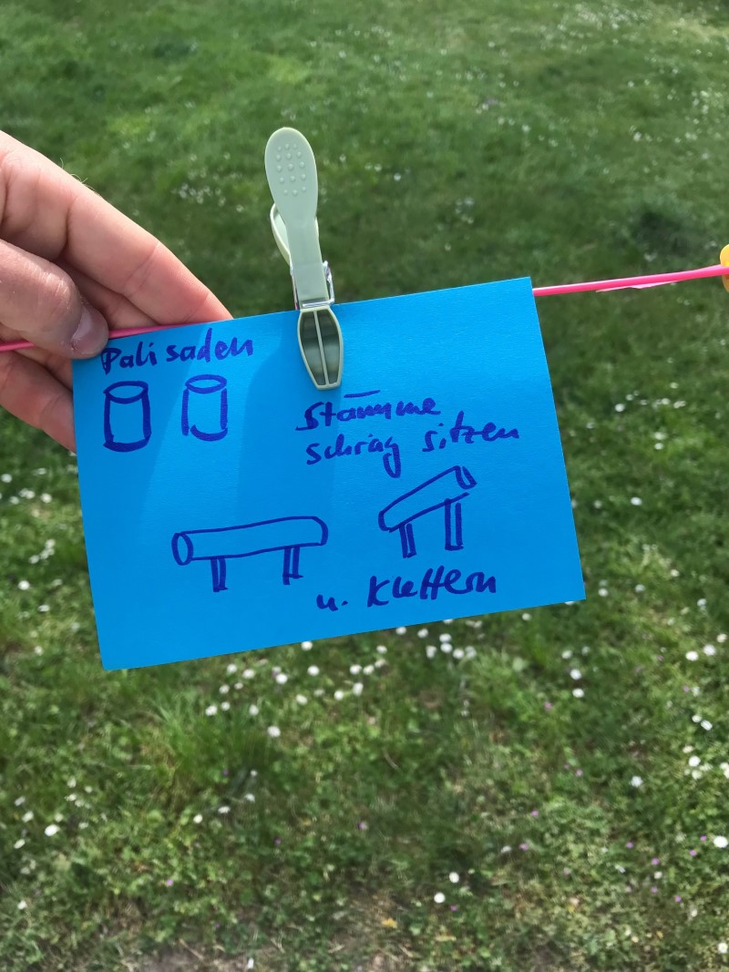 Ein blauer Zettel mit gemalten Skizzen von Kletterelementen und Beschriftung ist auf einer Wäscheleine mit einer Klammer befestigt. Im Untergrund ist eine Wiese erkennbar. 