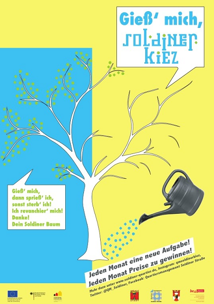 Im Sommer 2020 wartet jeden Monat eine andere witzige Aktion auf die Anwohnenden des Soldiner Kiez. Das Ziel ist es, die Nachbarschaftsbäume mit genügend Wasser zu versorgen. Bild: Flyer des Quartiersmanagements Soldiner Straße