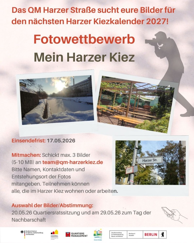 Plakat des QM Harzer Straße wirbt für den Fotowettbewerb „Mein Harzer Kiez“ für den Kiezkalender 2027.