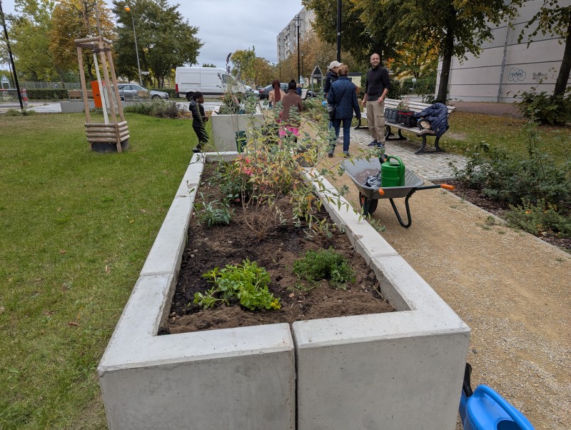 Frisch bepflanzte Hochbeete stehen am neuen Grünzug im Kosmosviertel.