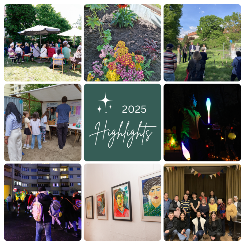 Farbige Bildersammlung mit Gärtnern, Workshops, Feuerkunst und Treffen aus Berlins QM-Gebieten 2025.