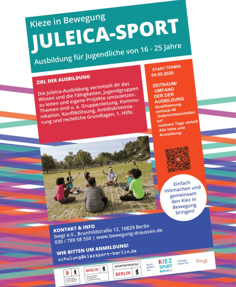 Plakat zur Juleica-Sport-Ausbildung mit Titel, Infokästen, QR-Code und einem Foto einer Gruppe auf einer Wiese.