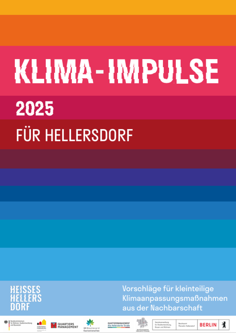 Plakat präsentiert Klima-Impulse für das Jahr 2025 für Hellersdorf mit Maßnahmenvorschlägen zur Klimapassung.
