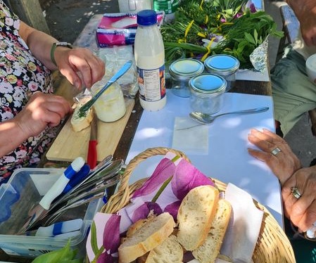 Eine Tafel ist reichhaltig mit Brot, Butter, frischen Kräutern, Gläsern und Milch gedeckt. 
