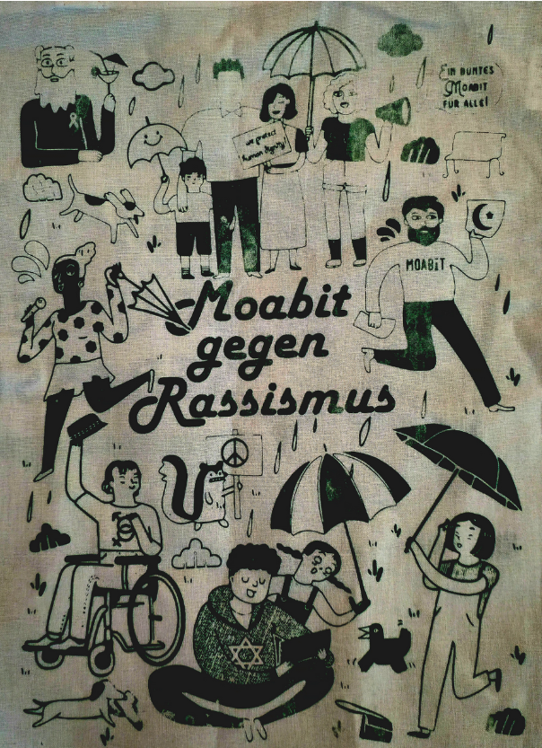 Ein Plakat zeigt verschiedene Menschen als Illustration sowie den Schriftzug „Moabit gegen Rassismus“. 