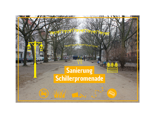 Umbau der Schillerpromenade. Foto und Grafik: QM Schillerpromenade
