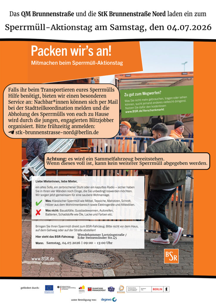 Plakat zum Sperrmüll-Aktionstag im QM-Gebiet Brunnenstraße mit Termin, Ort und Hinweisen zur Abgabe.
