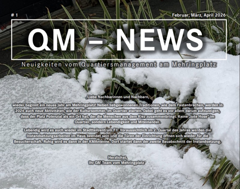 Titelseite der ersten Ausgabe der „QM-News“ des QMs Mehringplatz mit Schnee und Gräsern.