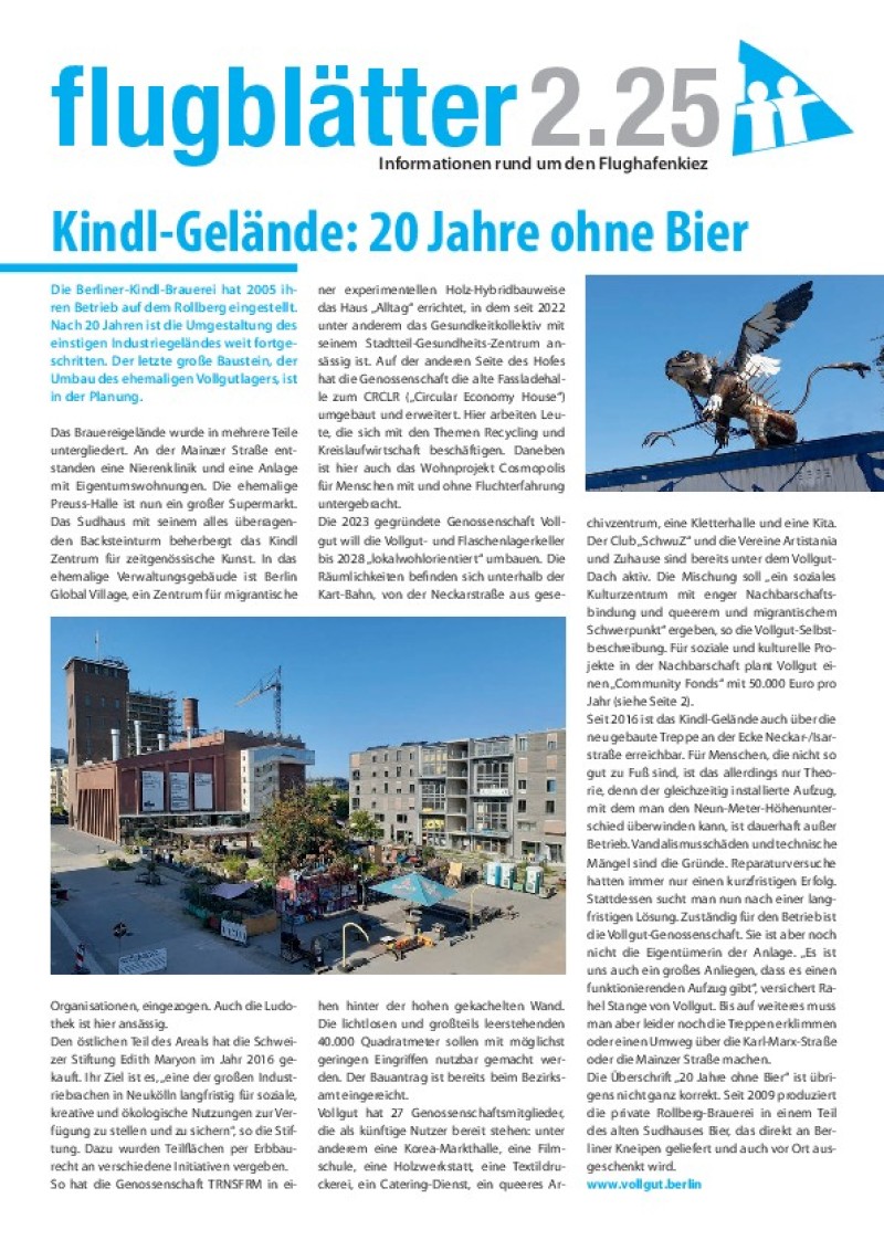 Titelseite des Kiezmagazins „flugblätter“ informiert mit Bildern und Texten über das Kindl-Gelände im QM-Gebiet Flughafenstraße.